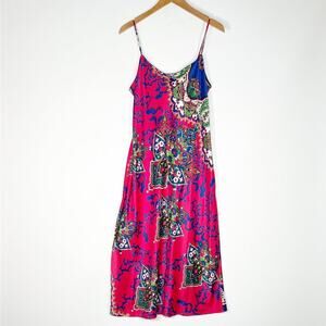 Natori Floral Print Satin w/ Lace Trim Chemise Slip Dress Pink Blue Green